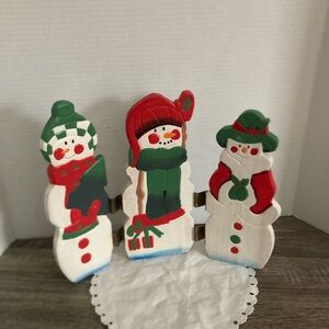 Vtg Wooden Folding Snowmen Tabletop Decor